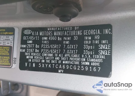 2012 Kia Sorento Lx z USA, uszkodzony, nr VIN 5XYKTCA69CG259167